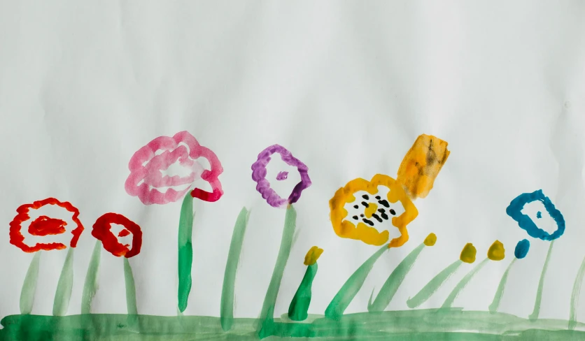 a child's drawing of flowers on a piece of paper, inspired by Helen Frankenthaler, pexels contest winner, tulips, watercolor on canvas, children\'s illustration, giant flowers