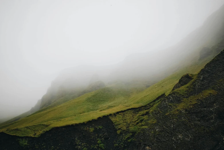 a person standing on top of a lush green hillside, by Emma Andijewska, thick heavy fog, background image, iceland photography, unsplash photography