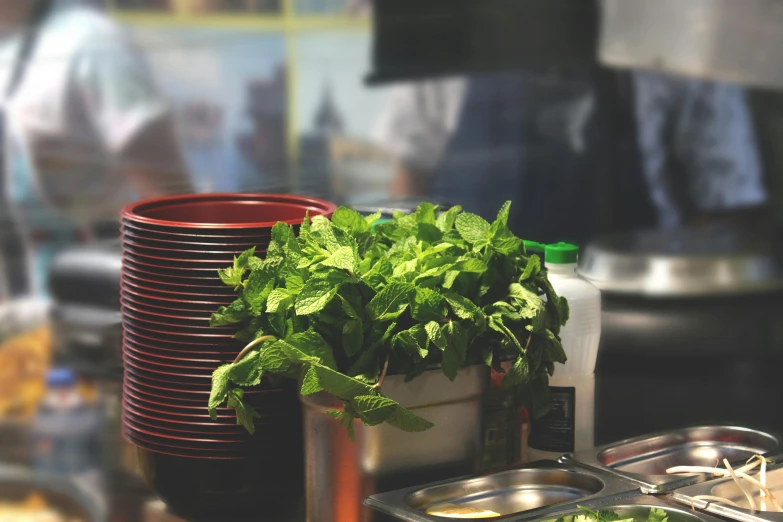 a bunch of food sitting on top of a table, mint leaves, in a kitchen, paul barson, busy restaurant
