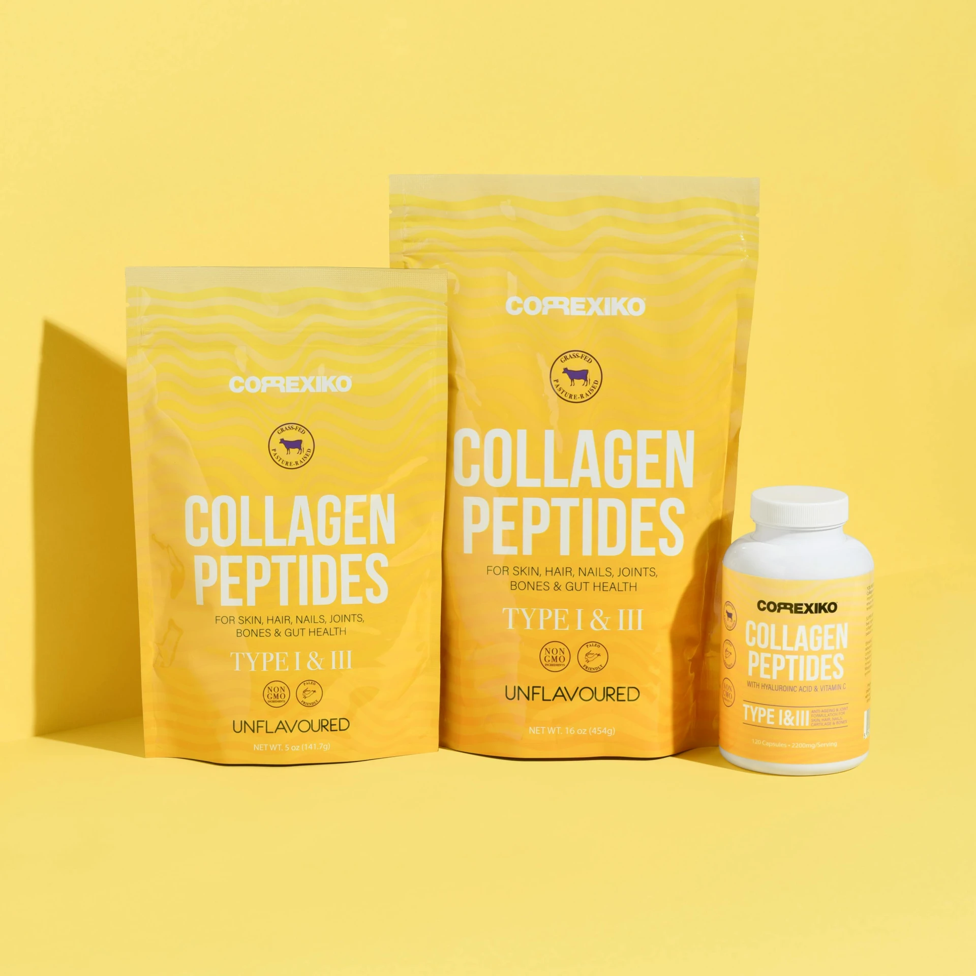 two bags of collagen peptides next to a bottle of collagen peptide, a portrait, unsplash, antipodeans, various sizes, mustard, 3 - piece, background image