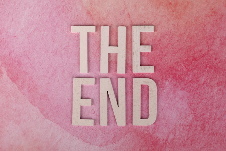 the end written in white letters on a pink watercolor background, an album cover, avatar image, thedieline, cut out of cardboard, on a gray background