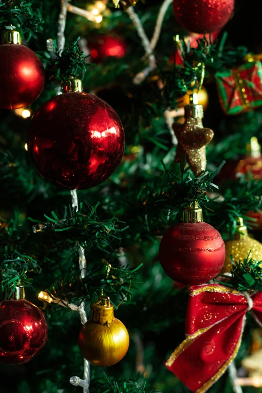 a close up of a christmas tree with ornaments, inspired by Ernest William Christmas, pexels, green and red, made of glazed, cosy, zoomed out shot