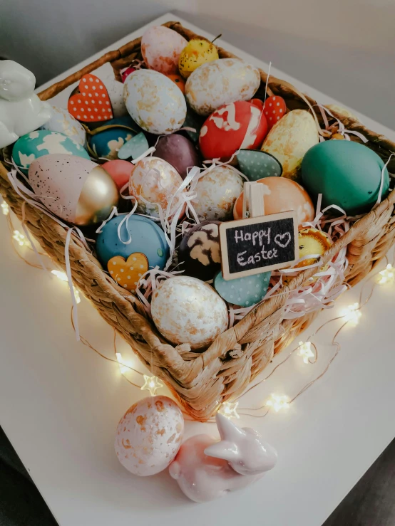 a basket filled with eggs sitting on top of a table, fully decorated, profile image, frontal shot, very magical and dreamy