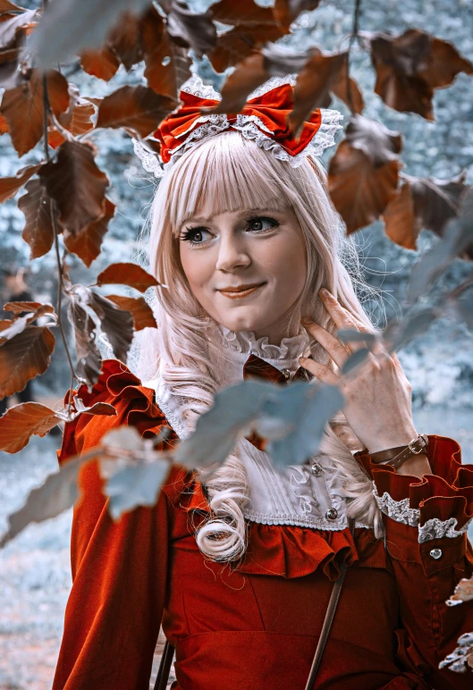 a woman in a red dress posing for a picture, inspired by Karl Bryullov, reddit, rococo, cosplay of a catboy! maid! dress, autum, portrait of kim petras, frosty white eyes