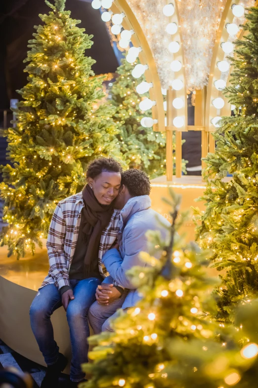 a couple sitting on a bench in front of christmas trees, happening, gay, exhibit, holding each other, natgeo