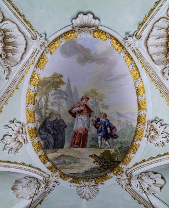 a painting on the ceiling of a building, wearing ornate clothing, scene set in a church, from commedia dell'arte, coloured photo