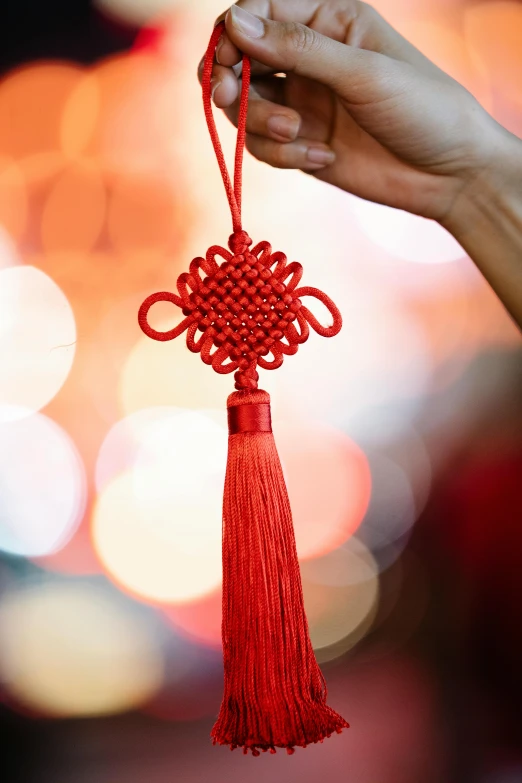 a close up of a person holding a red tassel, inspired by Mi Fu, arabesque, organic ornament, brightly lit, celebration, wide - shot