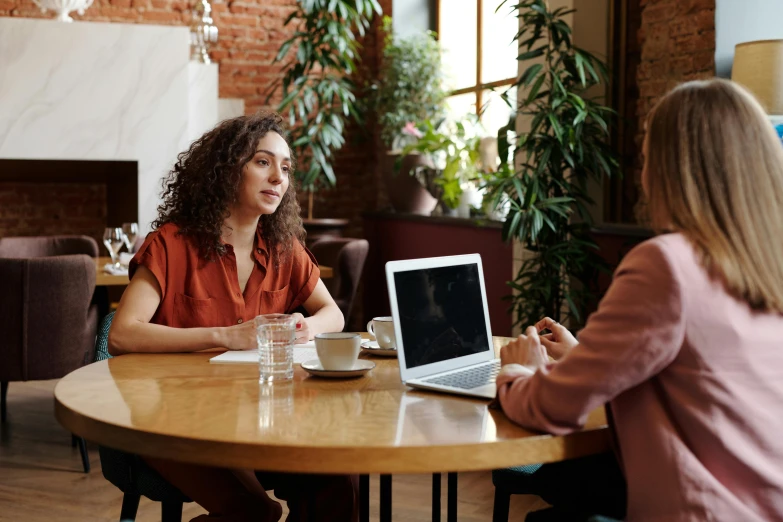 two women sitting at a table with a laptop, pexels, official screenshot, sitting on a mocha-colored table, business meeting, sydney hanson