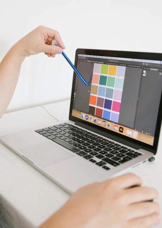 a woman sitting in front of a laptop computer, a computer rendering, trending on unsplash, computer art, holding a paintbrush in his hand, 9 9 designs, wide range of colors, digital matte