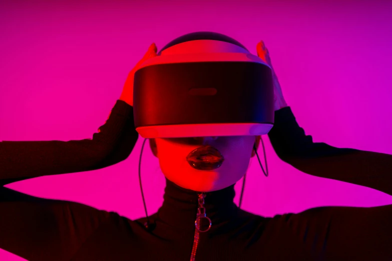 a woman wearing a virtual reality headset, inspired by David LaChapelle, trending on pexels, neon pink and black color scheme, clemens ascher, purple ambient light, anaglyph