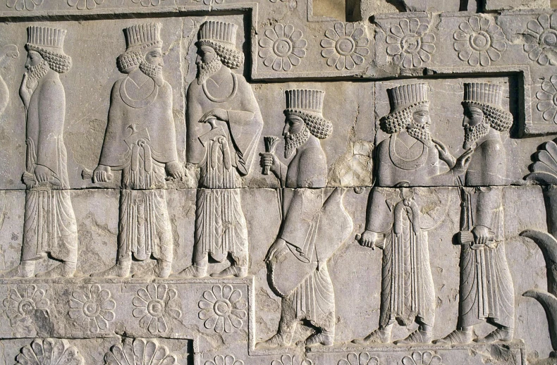 a group of people standing on top of a stone wall, an album cover, featured on pixabay, qajar art, bas - relief, 4 0 0 bc, detail shot, braziers