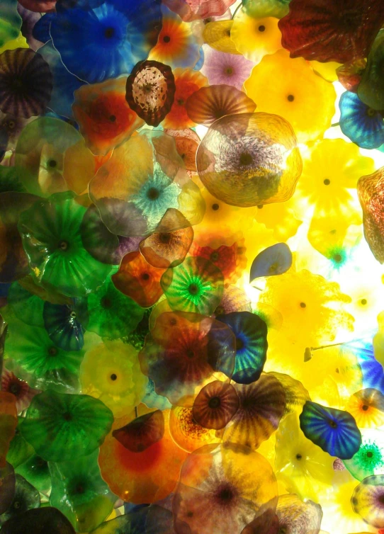 a ceiling filled with lots of colorful glass flowers, unsplash, abstract expressionism, jelly - like texture. photograph, backlit glow, colorful”, vivid)