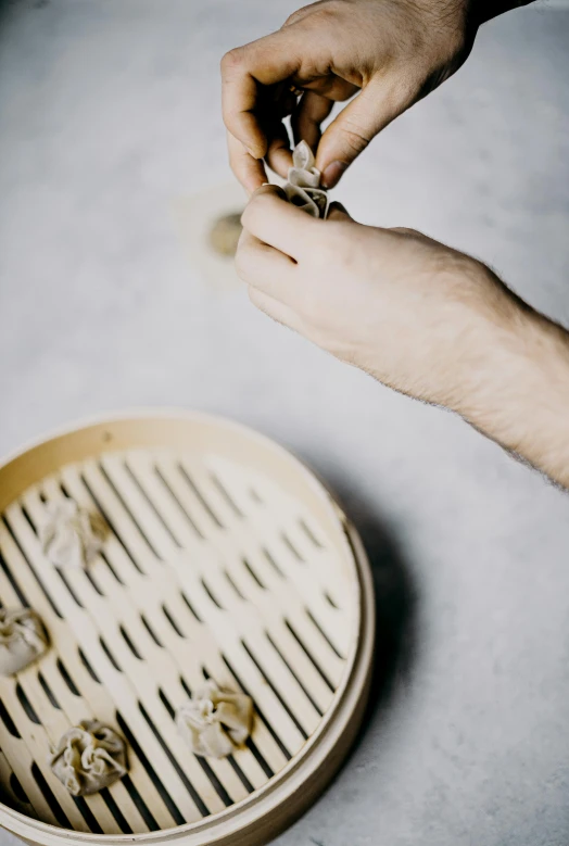 a close up of a person putting food in a container, inspired by Cui Bai, unsplash, process art, dumplings on a plate, ivory carved ruff, owen gent, vertical orientation