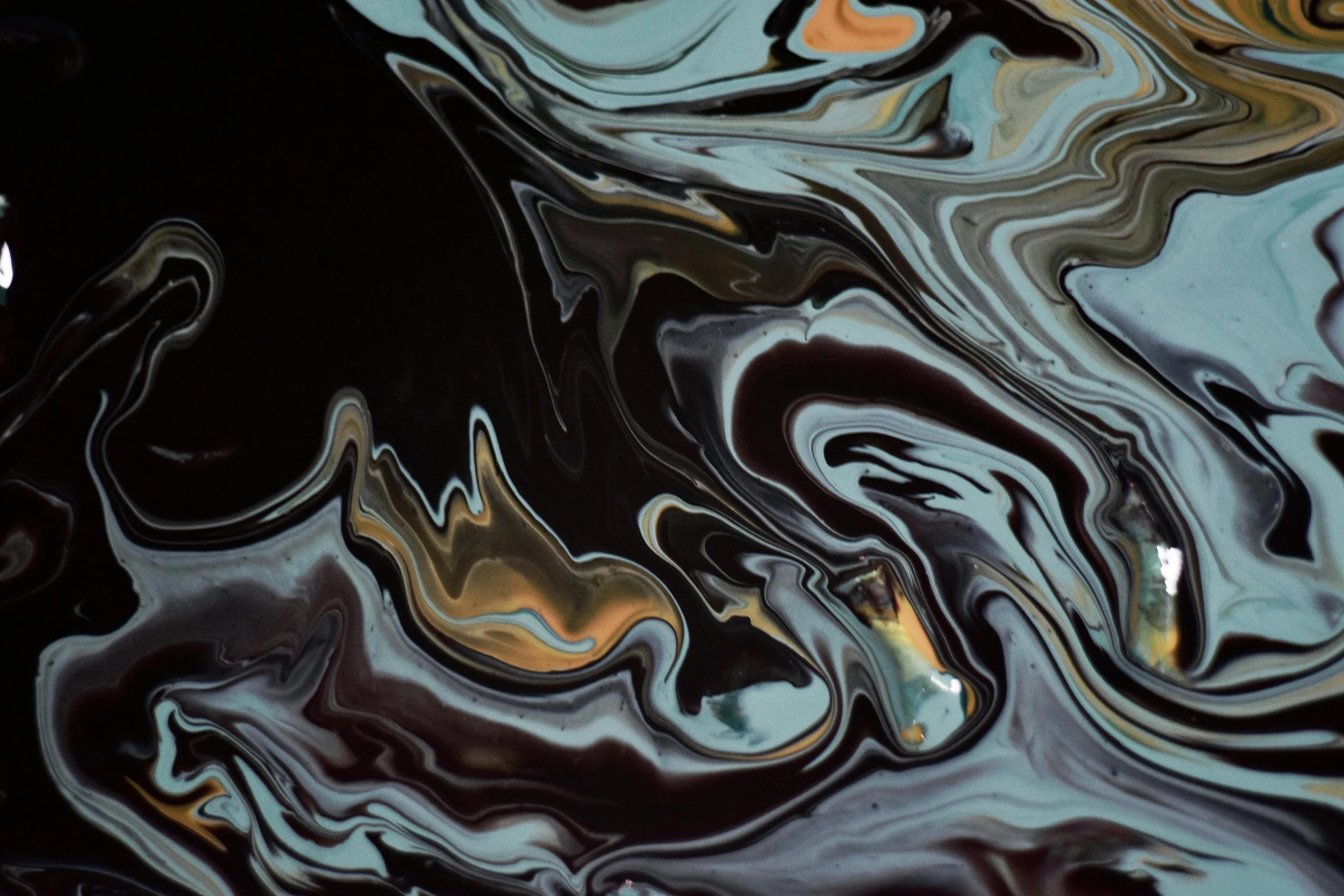 a duck floating on top of a body of water, an abstract painting, trending on pexels, abstract expressionism, black resin, mocha swirl color scheme, iridescent metals, marbled swirls