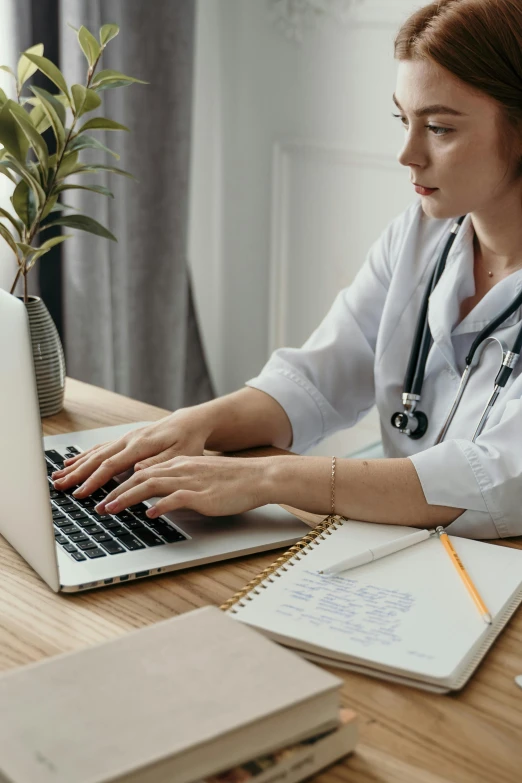 a woman sitting at a desk using a laptop computer, trending on pexels, renaissance, with a stethoscope, wearing a white hospital gown, a wooden, grey