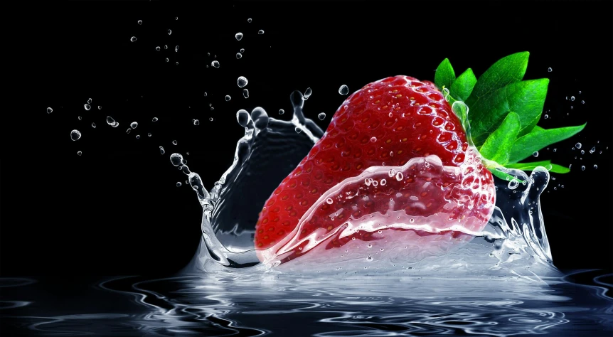 a strawberry splashing into a body of water, on a black background, profile pic, transhumanist hydration, thumbnail