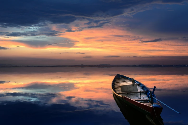 a boat sitting on top of a body of water, pexels contest winner, romanticism, serene colors, end of day, thumbnail, multiple stories