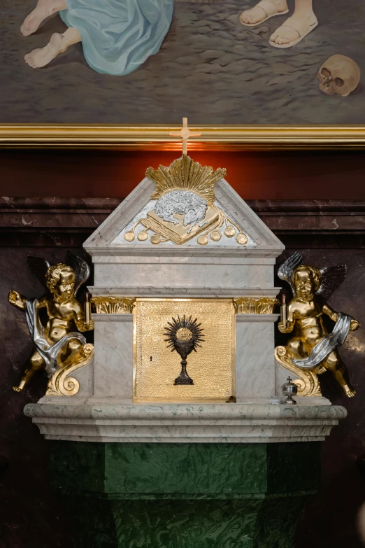 a statue with a lit candle in front of a painting, a marble sculpture, by Cagnaccio di San Pietro, holy spirit, covered chest, silver with gold trim, panorama