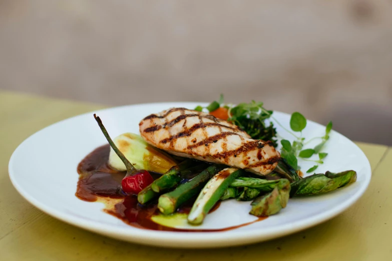 a close up of a plate of food on a table, grilled chicken, square, bryan sola, seasonal