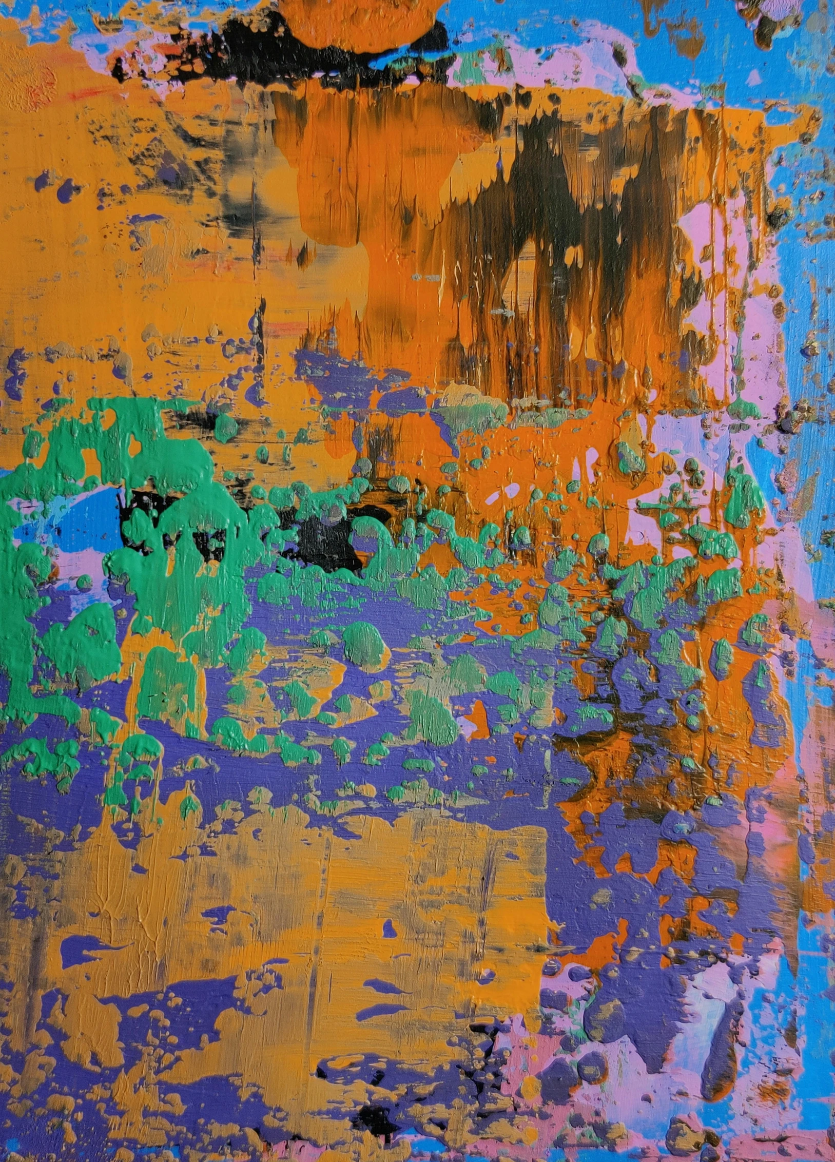 a close up of a painting on a wall, an abstract painting, inspired by Richter, orange and turquoise and purple, (abstract), david kassan, 4k”