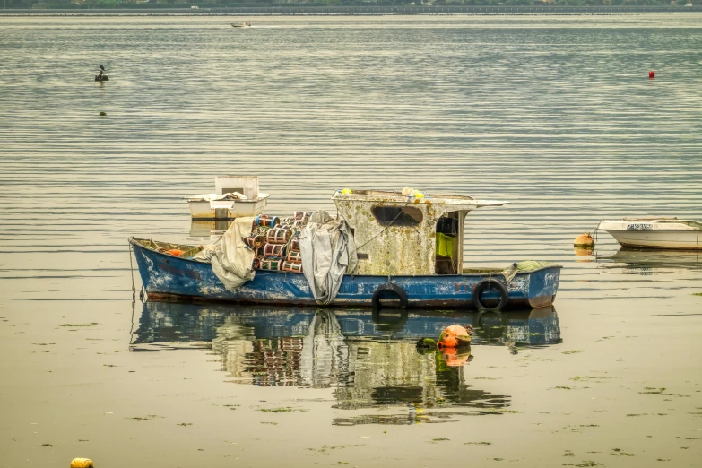 a blue boat sitting on top of a body of water, a colorized photo, by Jim Nelson, pixabay contest winner, fish seafood markets, oil spills, in muted colours, reflective chitin