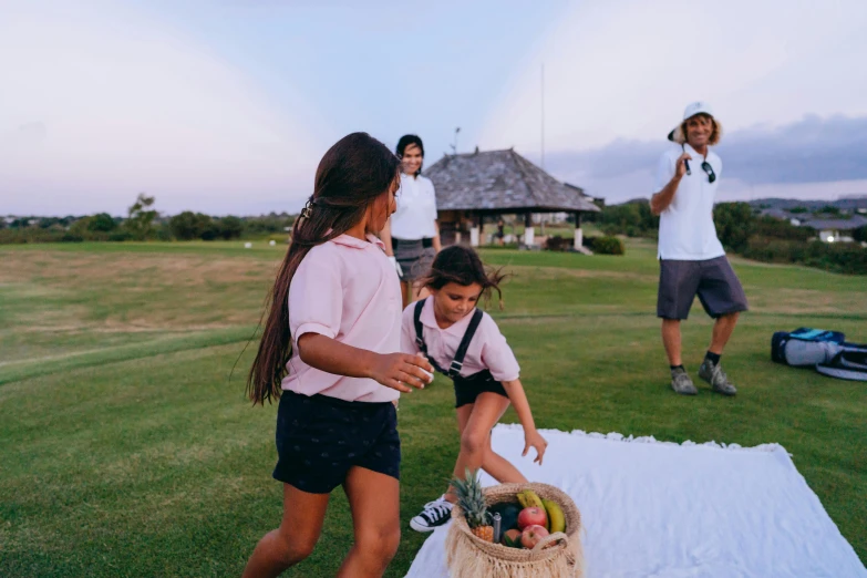 a group of people standing on top of a lush green field, playing games, family dinner, manuka, dad energy