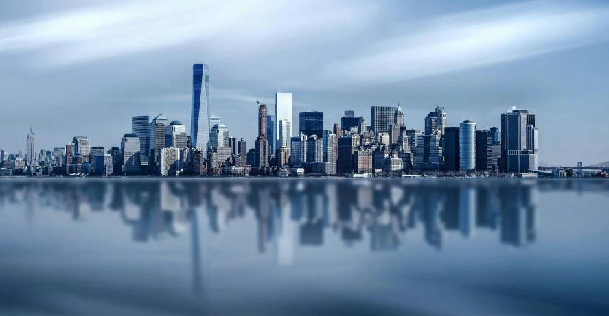 a large body of water with a city in the background, pexels contest winner, detalized new york background, sleek glass buildings, shades of blue and grey, slide show