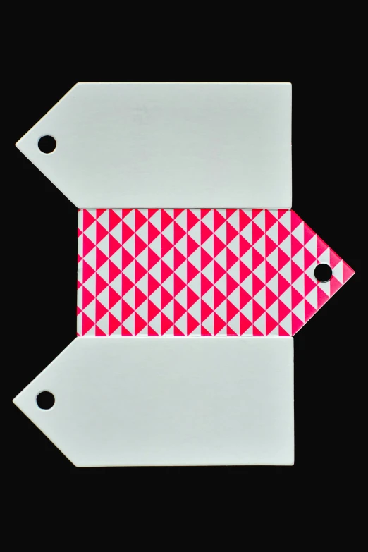 a pink and white gift tag on a black background, inspired by Frederick Hammersley, op art, in triangular formation, 1996), in plastic, hegre