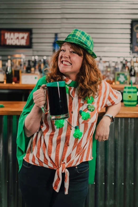 a woman standing in front of a bar holding a mug, pots of gold, wearing green, fan favorite, profile image