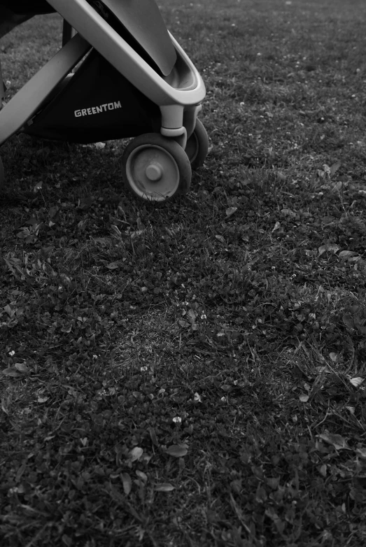 a black and white photo of a baby in a stroller, a black and white photo, inspired by Sergio Larraín, unsplash, realism, grass. kodak, low quality footage, ground covered in maggots, ( ( dithered ) )