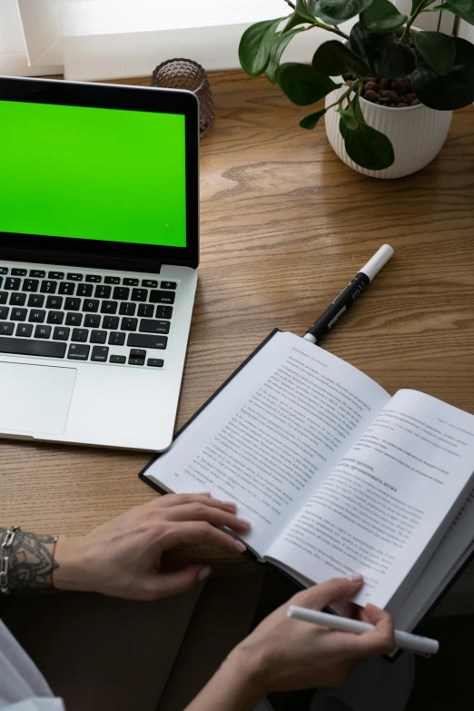 a woman sitting at a desk in front of a laptop with a green screen, by Dan Content, trending on pexels, with one vintage book on a table, religion, gradient from green to black, student