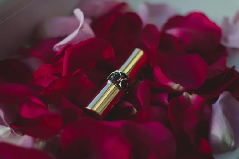 a close up of a wedding ring in a bowl of rose petals, by Julia Pishtar, pexels contest winner, lipstick, gold plated, heavy mascara, bulgari