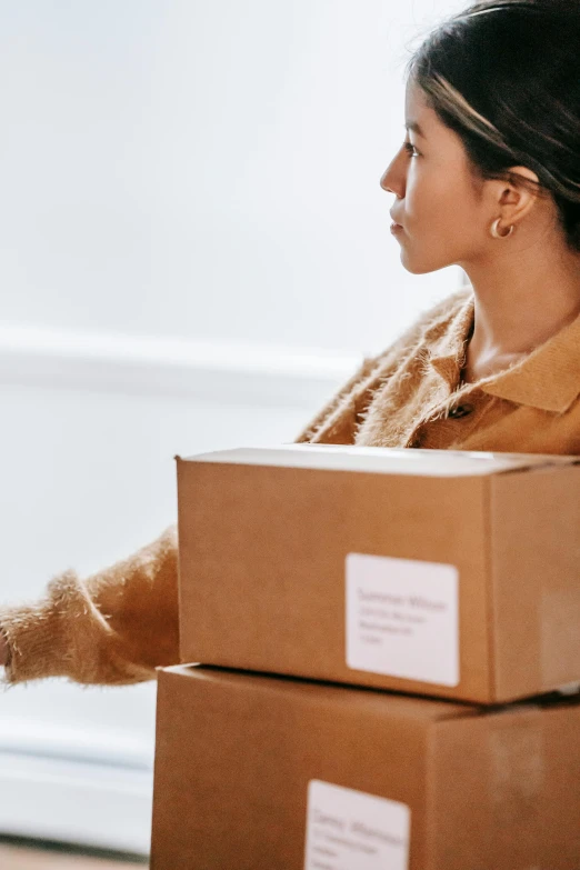 a woman shaking hands with boxes stacked on top of her, pexels contest winner, renaissance, brown clothes, ebay listing thumbnail, side profile shot, woman is sitting