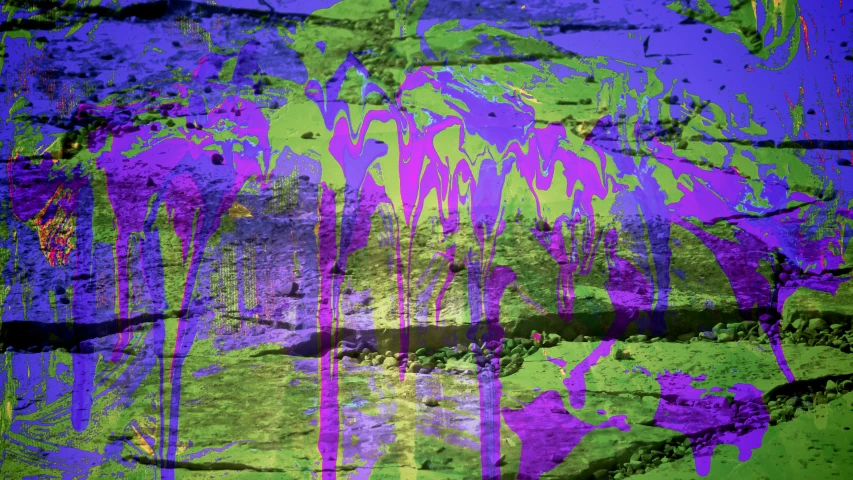 a purple and green painting on a wall, a cave painting, inspired by Clyfford Still, flickr, lyrical abstraction, at a forest. digital art, neon radioactive swamp, decollage 4 k, detalized new york background