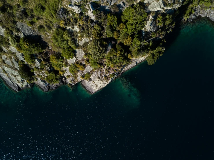 a large body of water surrounded by trees, pexels contest winner, croatian coastline, aerial view cinestill 800t 18mm, thumbnail, rocky lake shore