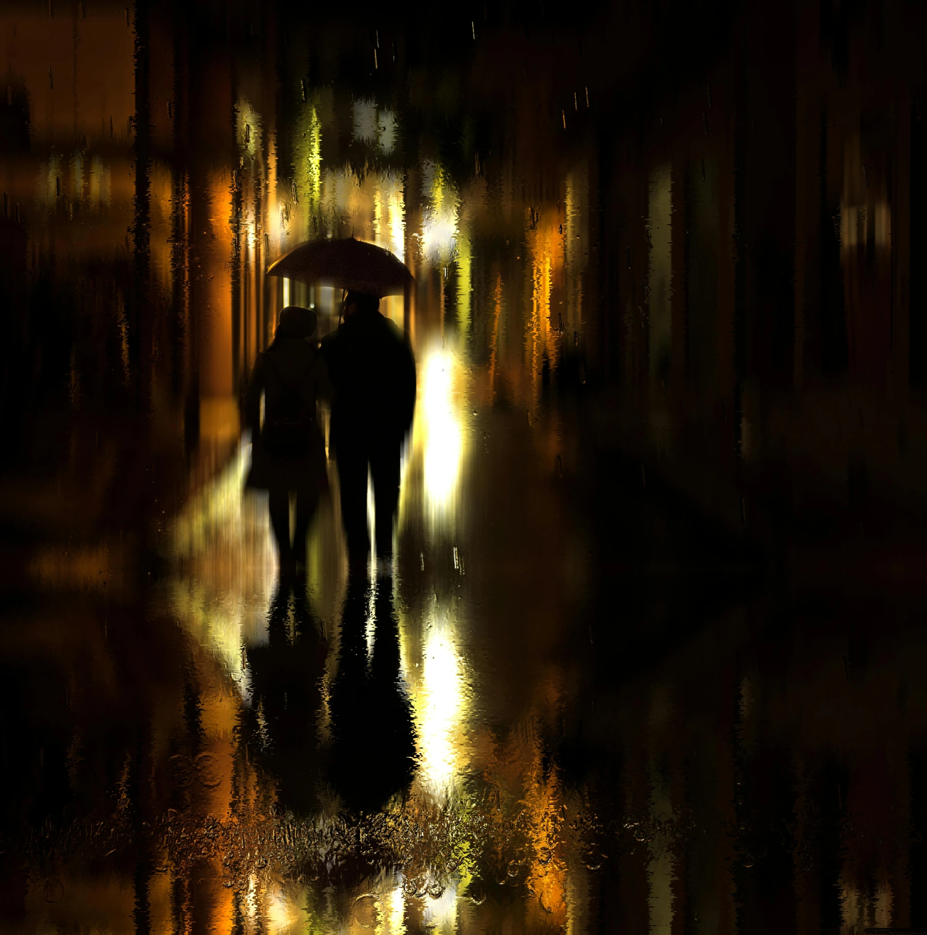 two people walking in the rain with an umbrella, a digital painting, pexels contest winner, dark golden light night, reflections. shady, digital art - n 5, walking over you