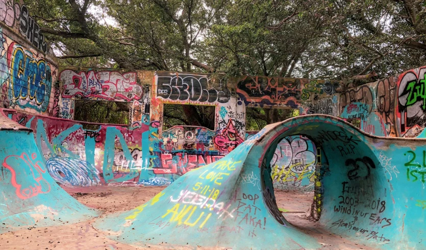 a skateboard park filled with lots of graffiti, overgrown jungle ruins, tubing, instagram photo, color slide