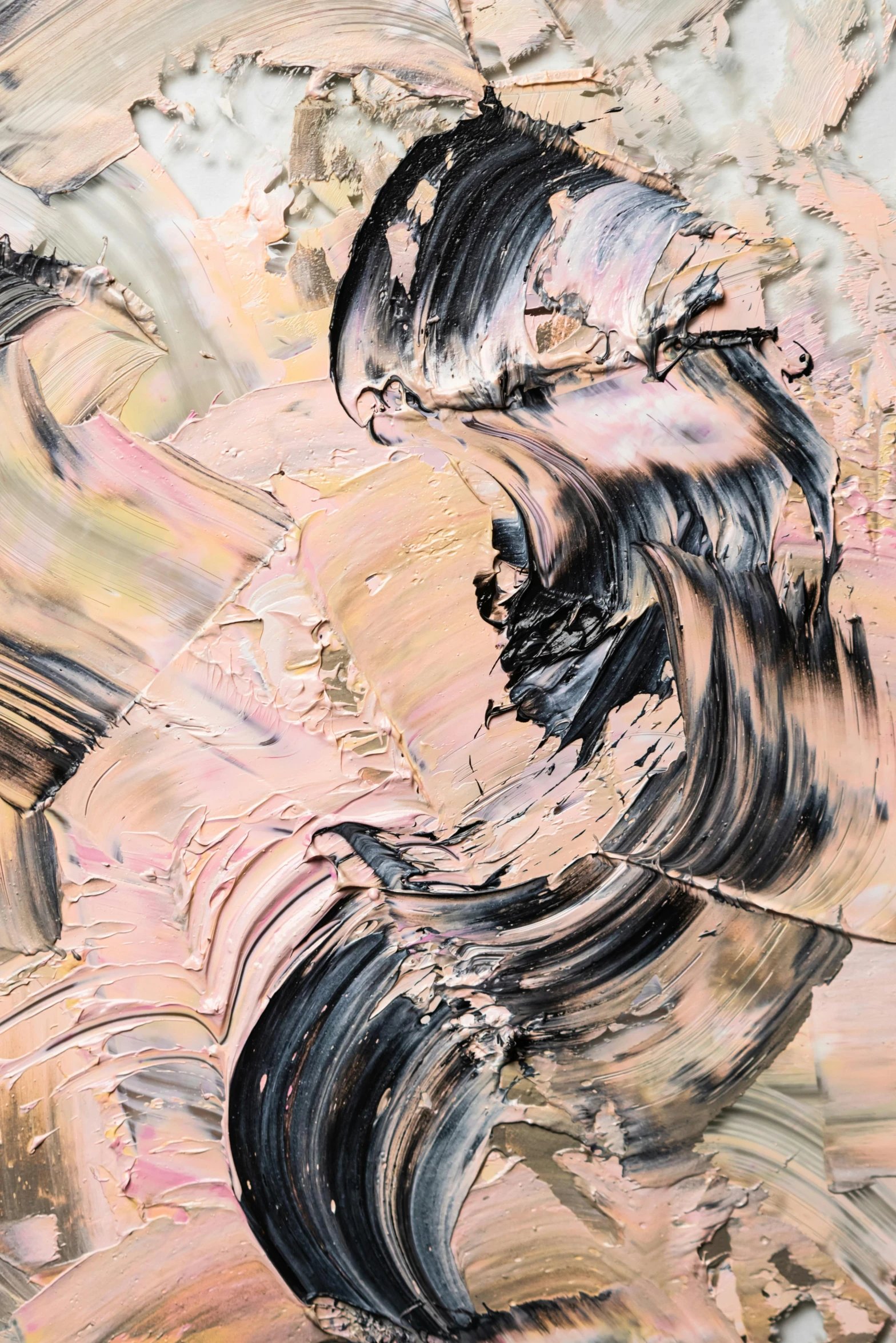 a close up of a painting of a wave, an abstract painting, inspired by Shōzō Shimamoto, reddit, lyrical abstraction, black white pastel pink, in shades of peach, glossy surface, 144x144 canvas