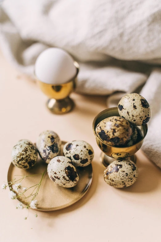 quails and eggs on a plate on a table, a still life, by Julia Pishtar, trending on unsplash, baroque, eggshell color, brass plated, white with black spots, thumbnail