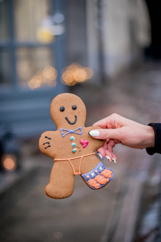 a close up of a person holding a gingerbread, by Julia Pishtar, harnesses and garters, loveable guy, happy girl, cosy