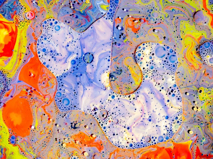 a colorful painting with lots of bubbles on it, flickr, marbled, some purple and orange, whimsical and psychedelic, abstract white fluid