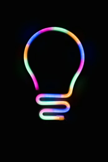 a neon light bulb on a black background, an album cover, inspired by Bruce Munro, pexels, technicolour 1, adafruit, pastel lighting, design thinking