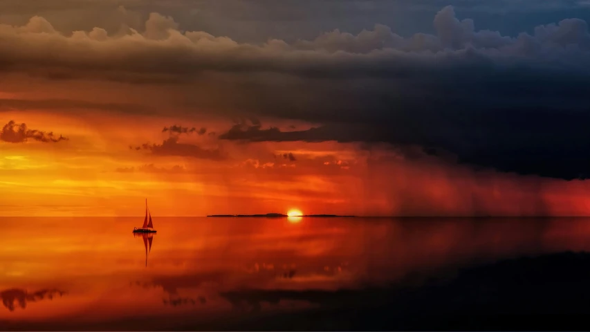 a boat floating on top of a body of water under a cloudy sky, a picture, pixabay contest winner, romanticism, sunset red and orange, at evening during rain, sailboat, nuclear sunset