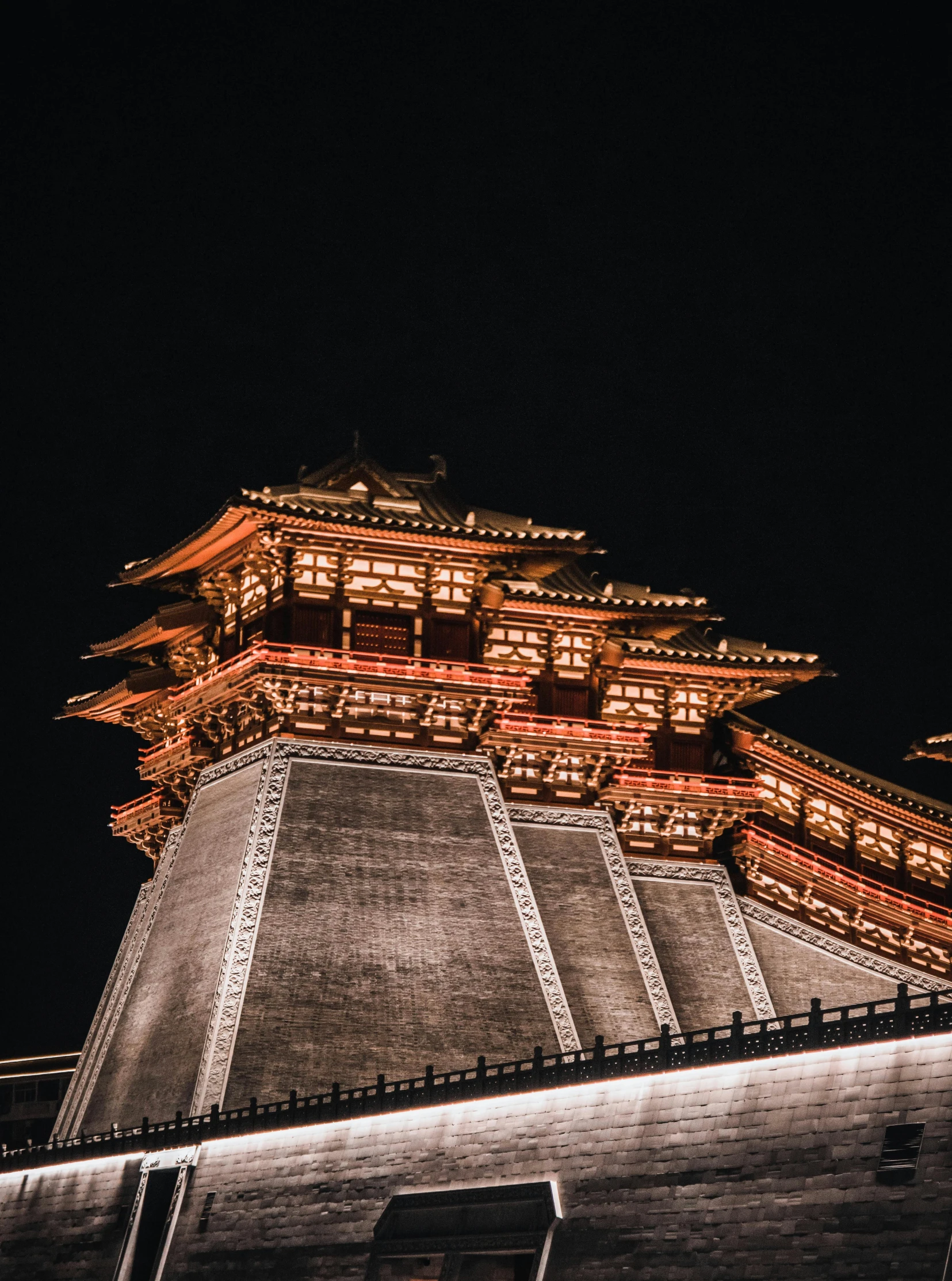 a very tall building lit up at night, inspired by Wang Yi, pexels contest winner, tang dynasty palace, fine art print, baotou china, intricate detailed roof