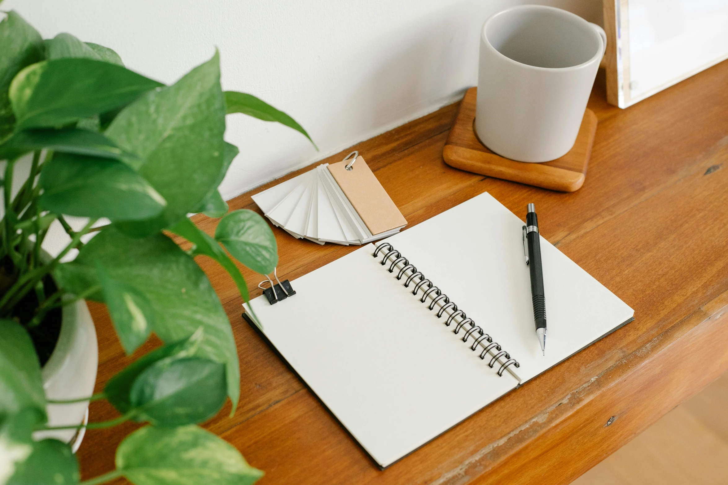 a notepad sitting on top of a wooden desk next to a potted plant, sketchbook, detailed product image, fan favorite, product view