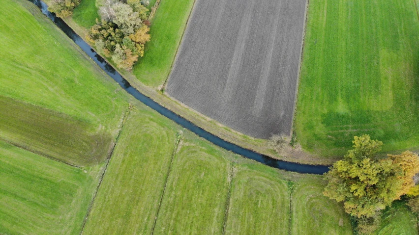 a river running through a lush green field, by Schelte a Bolswert, land art, bottom angle, which goes near the ground, taken in the early 2020s, head straight down