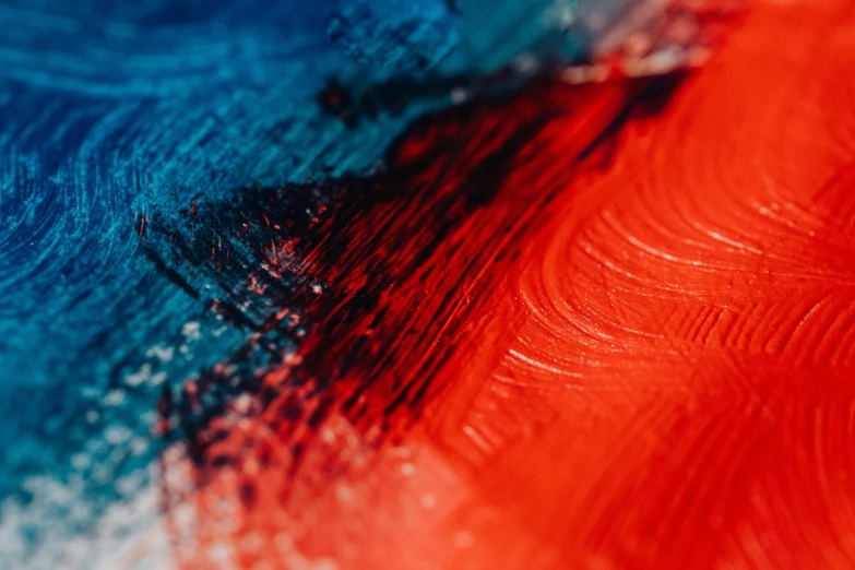 a close up of a red and blue painting, trending on pexels, some orange and blue, colors red white blue and black, gradients, intricate brush stroke detail