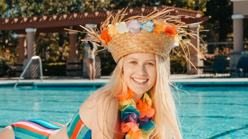 a woman wearing a straw hat next to a swimming pool, unsplash, kristen bell as a mermaid, vivid flower crown, 2 0 yo, full costume