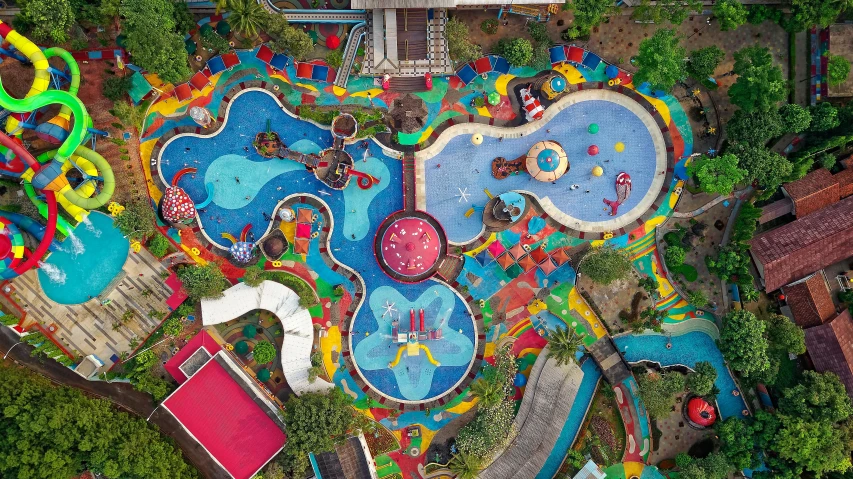 an aerial view of a children's water park, a portrait, pexels contest winner, process art, jakarta, full of colours, complex background, thumbnail