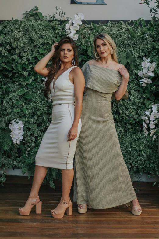 two women standing next to each other on a wooden floor, by Robbie Trevino, wearing ivory colour dress, bushes, wearing an elegant outfit, charcoal and champagne